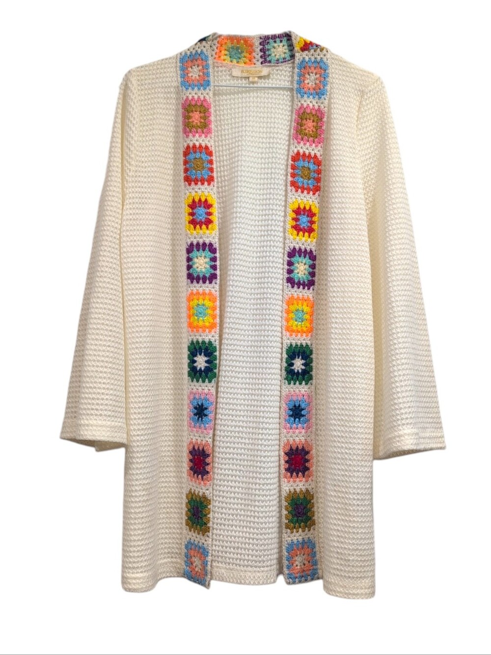 REBELLIONโ Crochet Granny Square cream open front Cardigan hippie boho medium